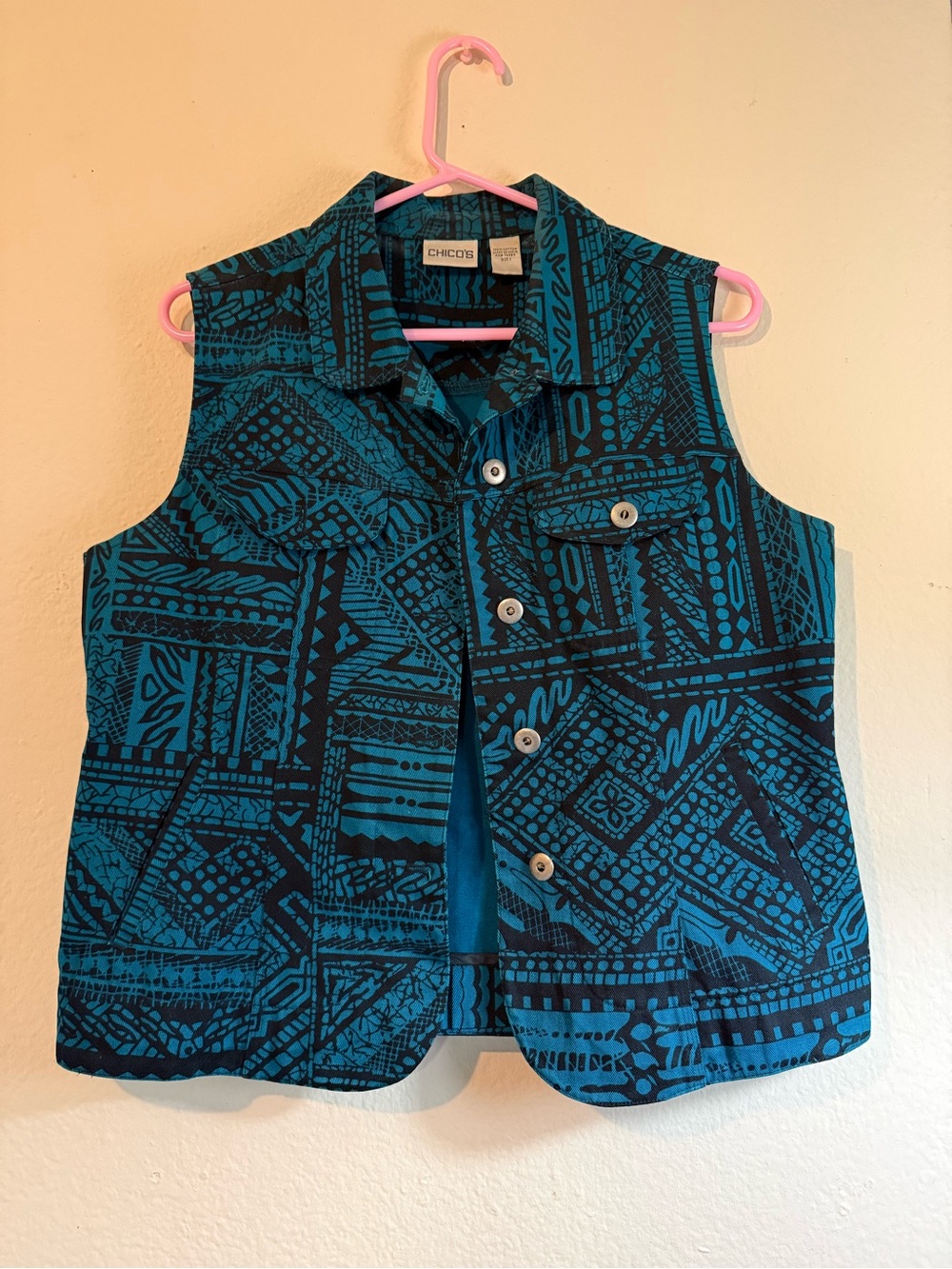 Chico's Teal & Black Geometric Sleeveless Button Vest